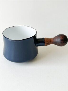 Vintage DANSK Kobenstyle Blue Enamel Butter Warmer Saucepan with Teak Handle